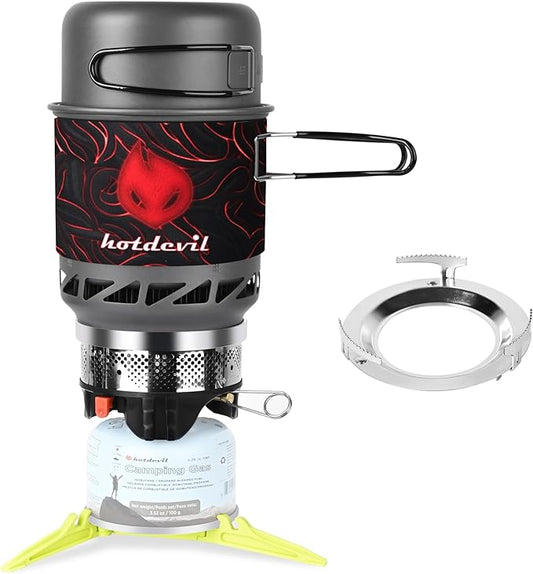 0.75+0.25L Backpacking Camping Stove Cooking System with Piezo Ignition, Outdoor Portable Burner with Pot & Metal Holder Camping Stove Kit Propane, Ideal for Hiking Fishing Hunting Emergency