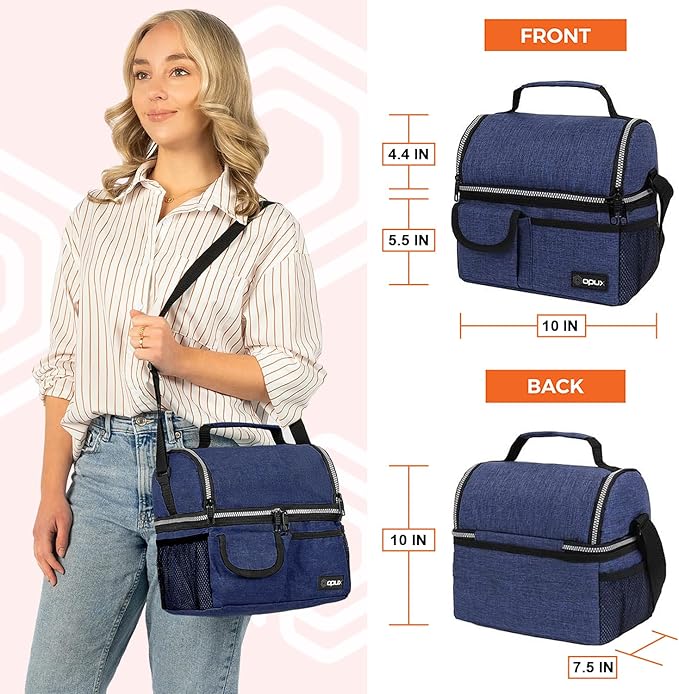 OPUX Lunch Box for Men, Adult Lunch Box Cooler, Insulated Lunch Bag Women, Dual Compartment Lunchbox for Work, Leakproof Double Decker Lunch Bag, Soft Lunch Pail Tote Boys Girls Kids School, Navy Blue