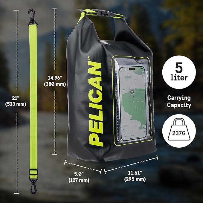 Pelican Marine IP68 Waterproof Dry Bag 5L - Roll Top Waterproof Backpack w/Phone Case/Pouch - Boating & Kayak Accessories - Essentials for Camping Swimming Beach Fishing Rafting Travel - Black/Yellow