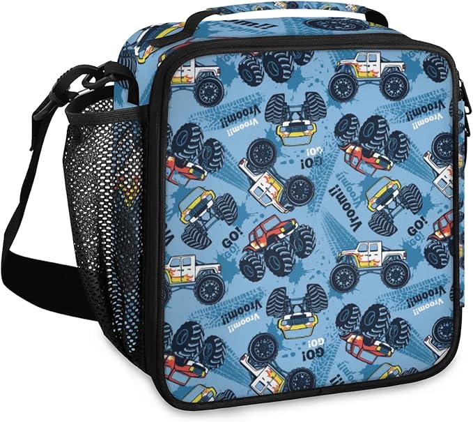 Blue Monster Truck Kid Lunch Bags with Shoulder Strap Insulated Lunch Boxes for Boy Girls Waterproof Thermal Cooler Tote Bag Portable Picnic Bag for School Work Outdoor Gifts