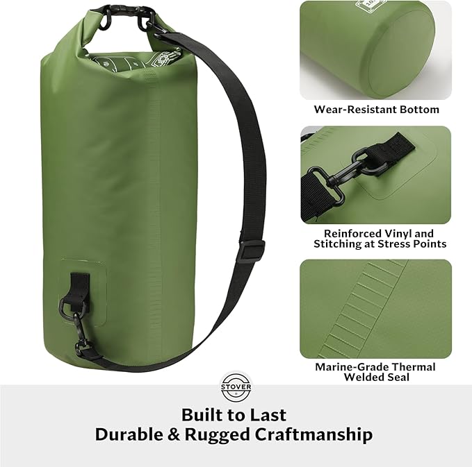 STOVER 5/10/25/30/40/55L Waterproof Dry Bag, Small Lightweight Roll Top Dry Bag Backpack w/Waterproof Phone Case, Kayaking, Travel, Hiking, Fishing, Tubing, Camping, the Beach, Men/Women (Green)