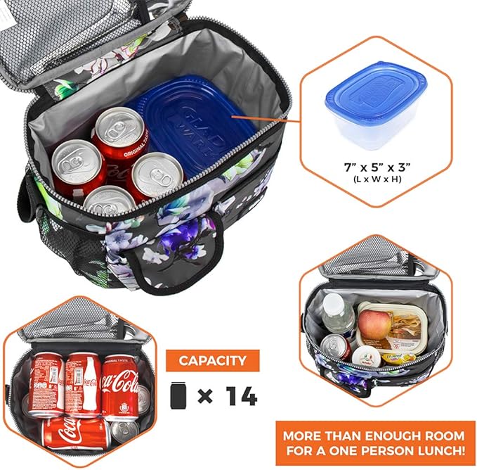 opux Insulated Lunch Bag for Men Women, Leakproof Floral Grey Lunch Box for Work, Portable Soft Lunch Cooler Bag with Shoulder Strap, Adult Lunchbox Lunch Pail for Kid Boy Girl School, 14 Can/8L