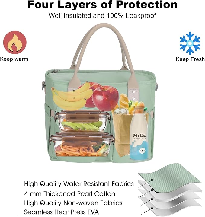 Hafmall Large Insulated Lunch Bag for Women, Leakproof Lunch Box for Men, Wide Opening Lunch Tote Bag with Shoulder Strap, Reusable Adult Lunch Bag For Work, Picnic, Green