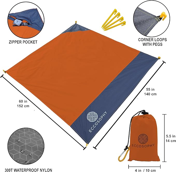 ECCOSOPHY Sand Proof & Waterproof Picnic Blanket - 60x55 Outdoor Compact Pocket Blanket, Lightweight Ground Cover for Hiking, Camping, Festivals, Sports, Travel with Bag & Stakes (Terracotta)