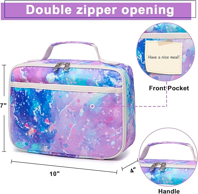 Kids Lunch Box Boys Girls Insulated Lunch Cooler Bag Reusable Lunch Tote Kit for School Travel (Tie Dye Purple)