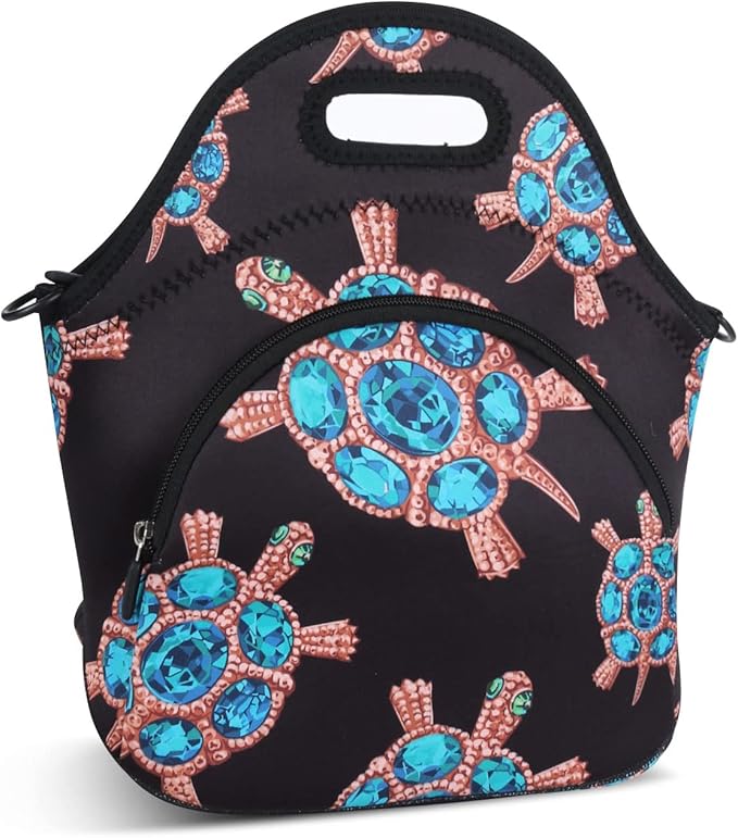 Violet Mist Neoprene Lunch Bag, Gem Turtle, Reusable Insulated Food Carrier, Adjustable Shoulder Strap, 12.6"L x 11.8"H x 6.8"W