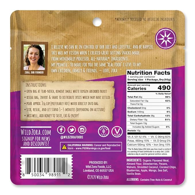 Wild Zora Paleo Freeze Dried Meals for Backpacking & Camping - Healthy Gluten Free & Grain Free Camping Meals/Backpacking Food + No Added Sugar - Great for Travel (Cliffside Coconut Berry 2-Pack)
