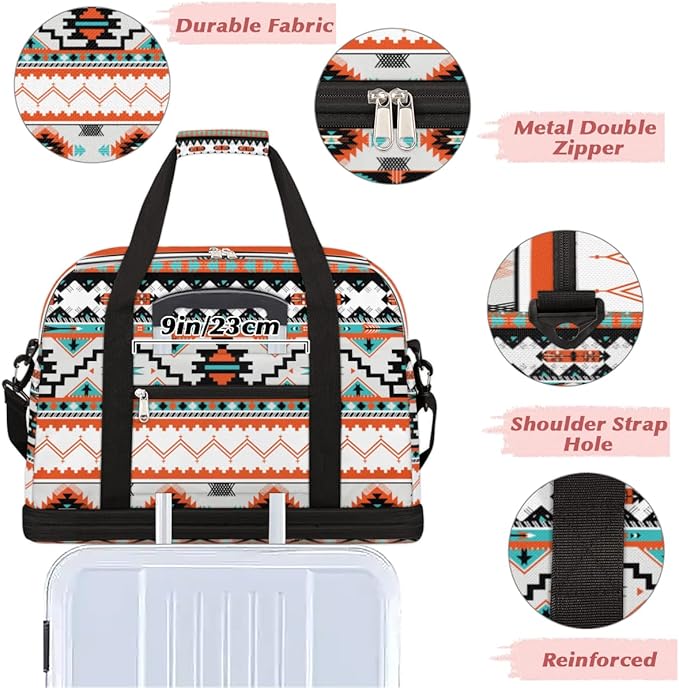 Ethnic Aztec Geometric Foldable Travel Duffel Bag Sports Tote Gym Bag With Shoe Compartment For Woman Man Carry On Luggage Overnight Travel Weekend Yoga Workout Bag Training Handbag