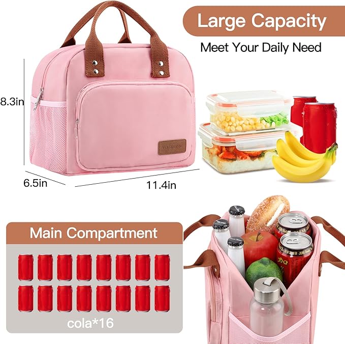 Lunch Bag Women,Insulated Lunch Box Lunch Bag for Women Men Work Adult Cute Small Lunch Tote Bag, Large Capacity Reusable Cooler Containers for Travel Picnic Office or Beach (Pink)