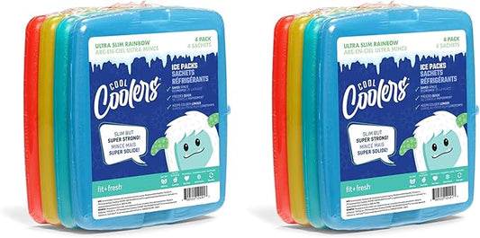 Cool Coolers By Fit & Fresh 4 Pack Slim Ice Packs, Quick Freeze Space Saving Reusable Ice Packs for Lunch Boxes or Coolers, Multi Colored, 2 Packs of 4