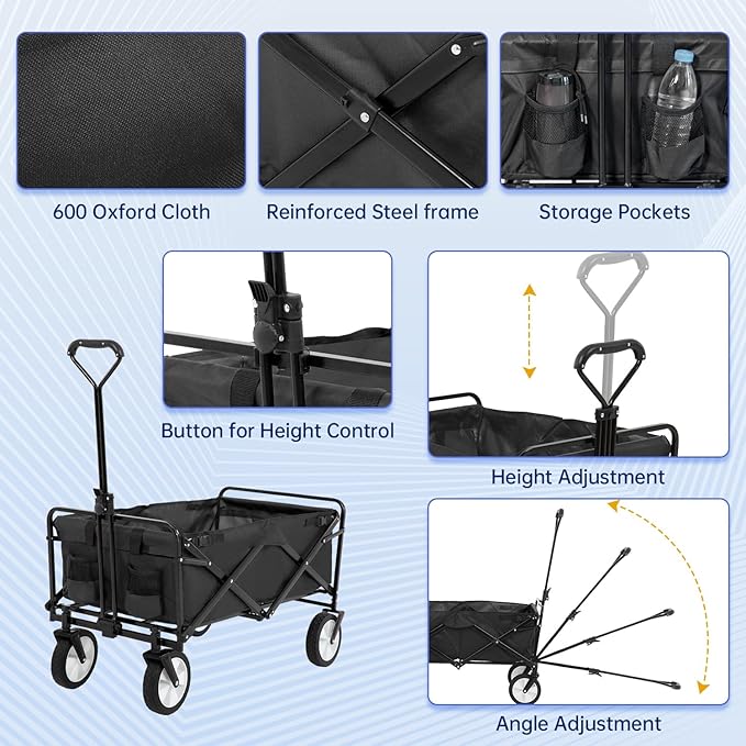 FDW 39''L Collapsible Wagon Cart, Heavy Duty Utility Folding Wagon for Outdoor Sports, 330 LBS Weight Capacity, Camping, Garden, and Shopping, Black