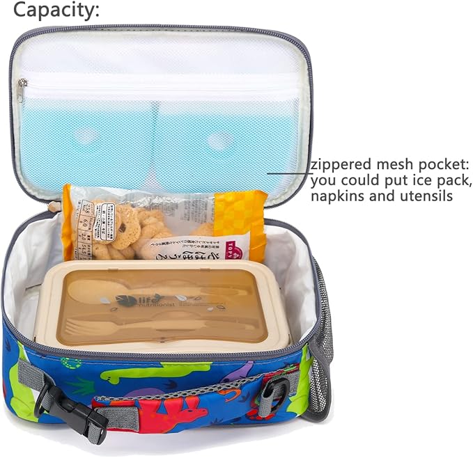 FlowFly Kids Lunch Bag, Durable Insulated School Lunch Box with Shoulder Strap and Bottle Holder, Water-resistant Thermal Small Lunch Cooler Tote for Teen Boys & Girls,Dinosaur