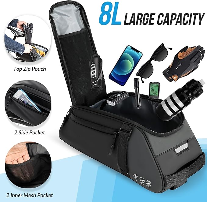 WOTOW Reflective Rear Rack Bag, Water Resistant Bike Saddle Panniers for Bicycles, 8L Trunk Cycling Back Seat Cargo Carrier Storage Pouch With Shoulder Strap for Travel Commute