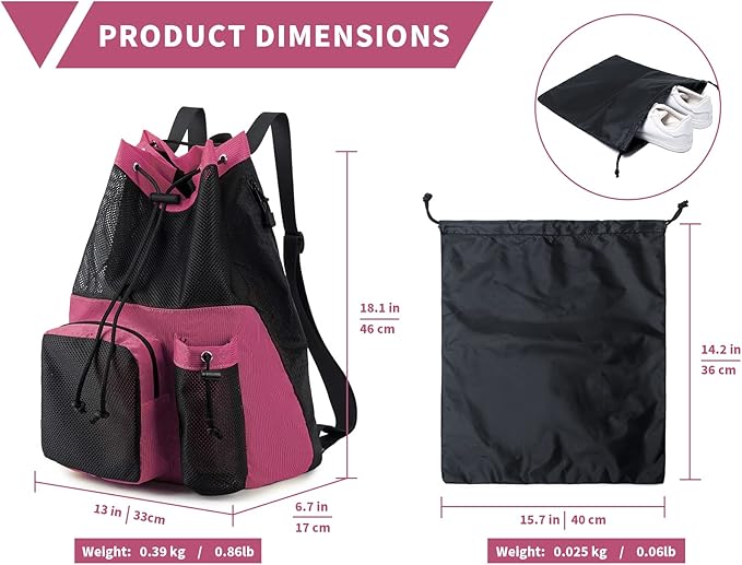Lohol Large Mesh Drawstring Backpack with Shoe Bag, Durable Swimming String Sack with Handle for Sports Gym Yoga Beach Travel