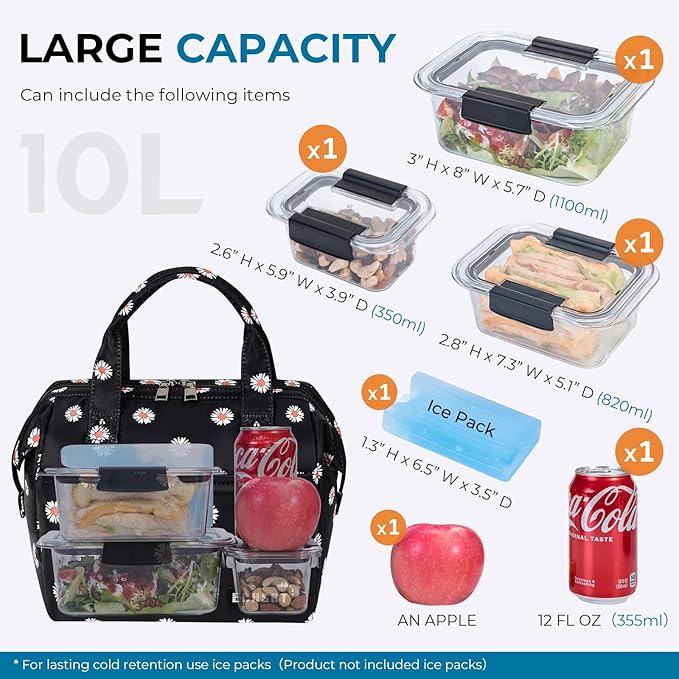 ECHSRT Large Insulated Lunch Bag for Women Men Leakproof Cooler Lunch Tote Bags for Work Travel Adult Thermal Lunchbox for Office -10L Daisy Print
