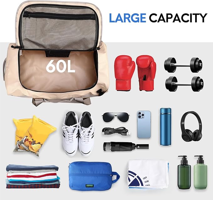 Haimont Large Sports Duffel Backpack Bag for Men, Travel Duffel Bags with Backpack Straps, Heavy Duty and Water Resistant, Beige,60L