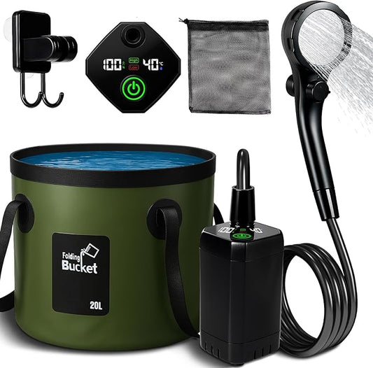 Motivekit™ Portable Camping Shower | 5.3/6.6 gal. Foldable Bucket, 6000mAh Rechargeable Shower Pump, 6' 7" Filtered Shower Head, Summer Beach Outdoor Showering Hiking Pet Bath RV Car Wash Water Plant