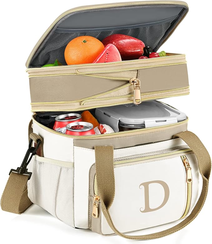 LOKASS Personalized Lunch Bag for Women Work, 16L Initial Insulated Lunch box for Adult/Womens Gift, Leakproof Personalized Gift Lunchbag with Adjustable Shoulder Strap, Cooler Bag Beige - D