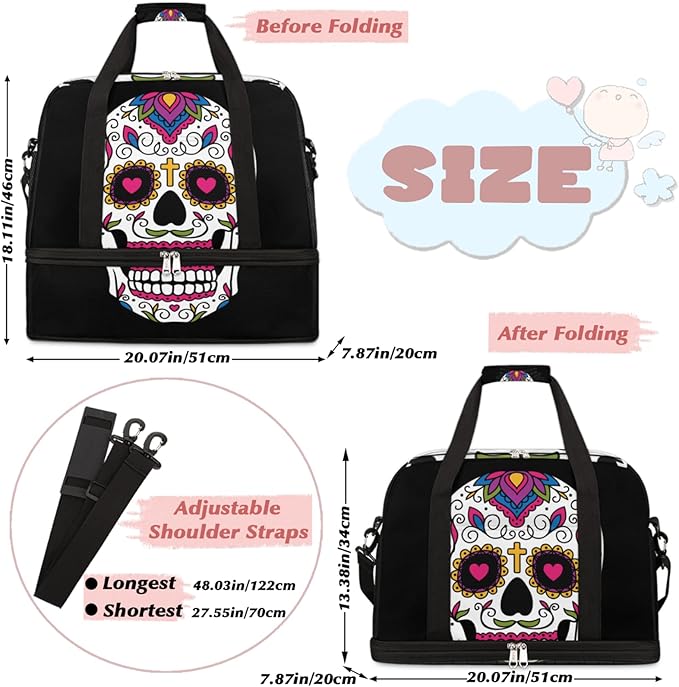 Sugar Skull Mexican Foldable Travel Duffel Bag Tote Carry On Luggage Sports Gym Bag With Shoe Compartment For Woman Man Overnight Weekend Yoga Workout Bag Training Handbag