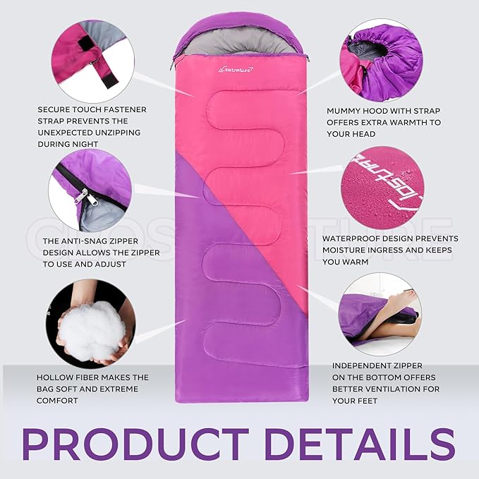 Clostnature Sleeping Bag for Adults and Kids - Lightweight Camping Sleeping Bag for Girls, Boys, Youths, Ultralight Backpacking Sleeping Bag for Cold Weather - Compression Sack Included(Right Zipper)