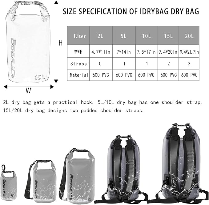 IDRYBAG Dry Bags for Kayaking Waterproof 2L/5L/10L/15L/20L, Small Dry Bag Waterproof Floating, Dry Sack Waterproof Bag for Paddleboarding Travel