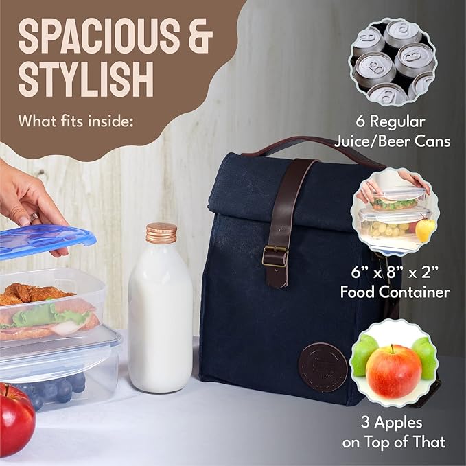 Blue Lunch Bag – Insulated Waterproof Lunch Box for Work, Picnic & Travel – Durable Medium-Size Canvas Lunch Bag for Women & Men – Leakproof & Stylish Dark Blue Lunchbox with Shoulder Strap