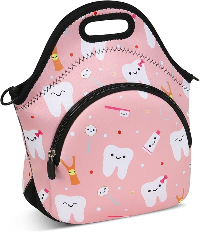 Violet Mist Neoprene Thermal Insulated Lunch Bag Tote for Women, Soft Large with Extra Pocket, Adjustable Shoulder Strap, Pink Teeth