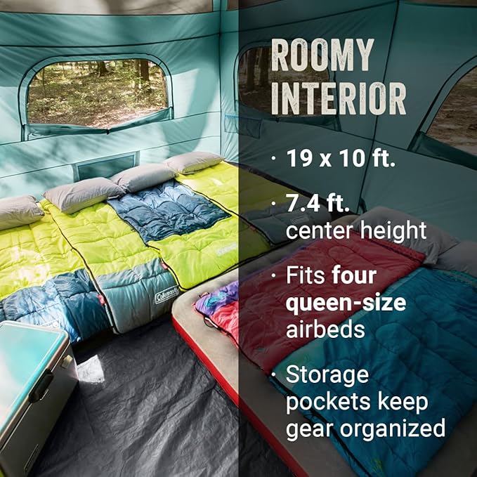 Coleman Skylodge 12-Person Camping Tent with Rainfly & Screened Porch, XL Weatherproof Family Tent Fits 4 Queen-Sized Airbeds, Color-Coded Poles & Sleeves