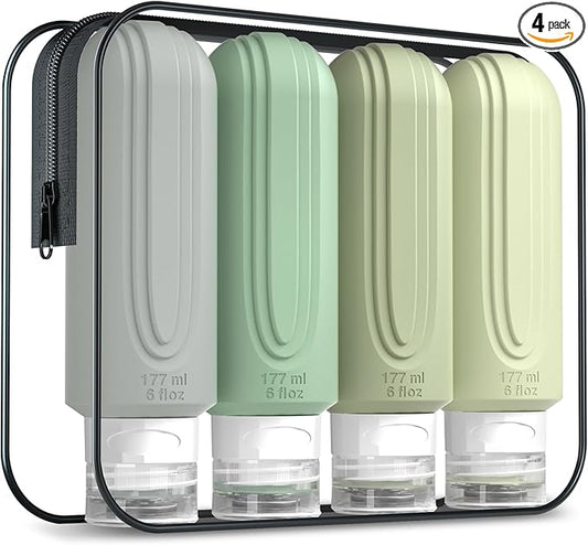 Travel Bottles for Toiletries, Large 6oz Oversize Containers, BPA Free Leak Proof Tubs Refillable Liquid Travel Accessories with Toiletry Bag for Cometic Shampoo and Lotion Soap (4 Pack)