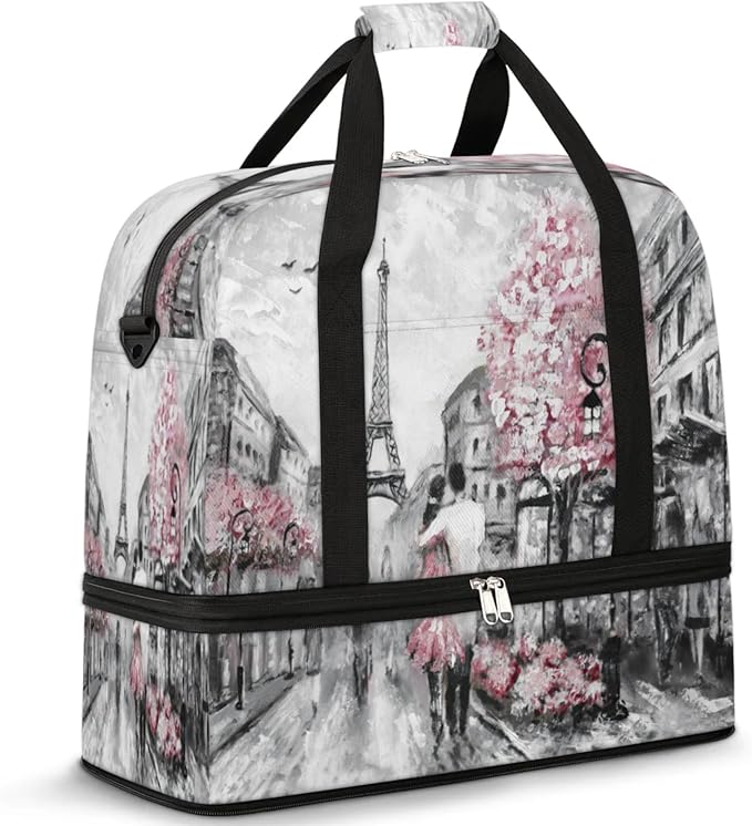 Eiffel Tower Foldable Travel Duffel Bag, Expandable Sports Gym Bag with Shoes Compartment Weekender Overnight Totes Bags for Women Men