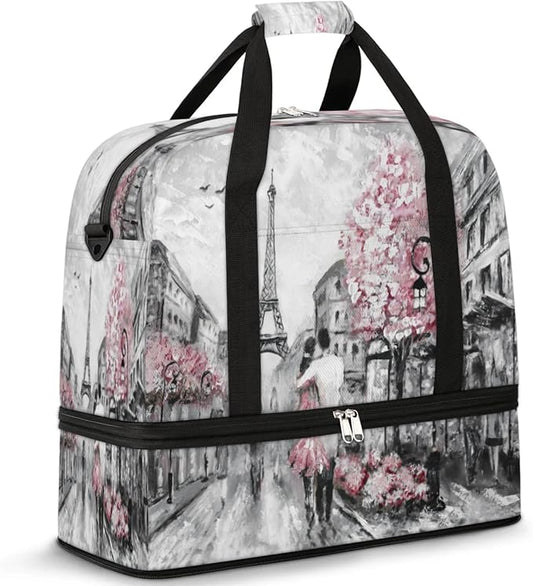 Eiffel Tower Foldable Travel Duffel Bag, Expandable Sports Gym Bag with Shoes Compartment Weekender Overnight Totes Bags for Women Men