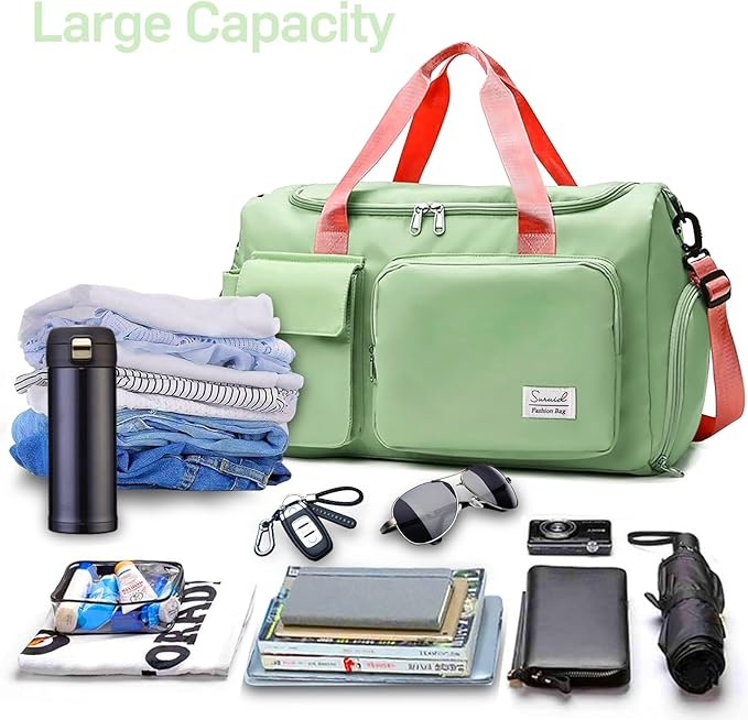 Travel Duffel Bag with Shoes Compartment Sports Gym Bag with Dry Wet Separated Pocket for Men and Women, Overnight Bag Weekender Bag Training Handbag Yoga Bag - Bright Green Pink