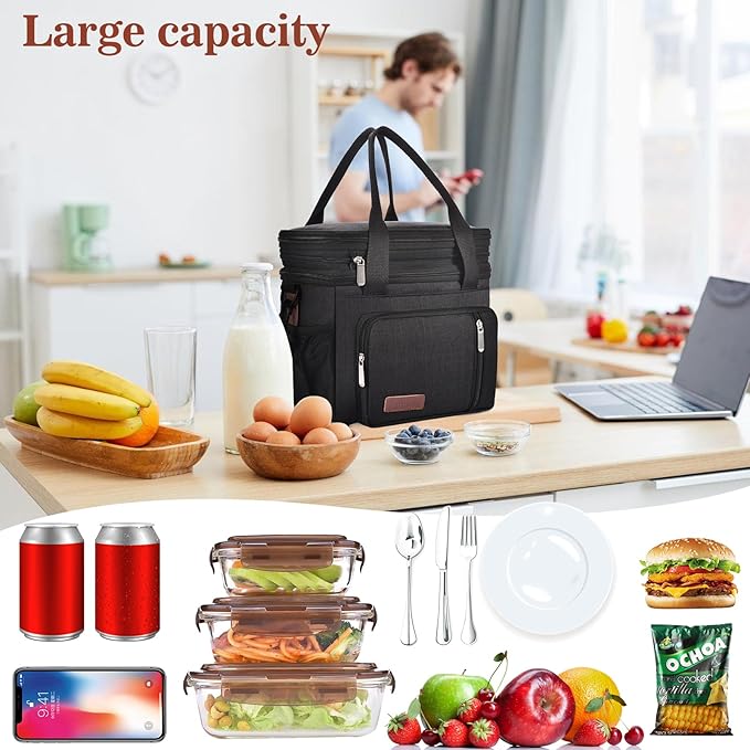 LOKASS Lunch Bag for Women/Men Work, 16L Expandable Double Deck Lunch box, Waterproof Leak-proof Cooler Bag, Portable Meal Prep Lunchbag with Adjustable Shoulder Strap-Black