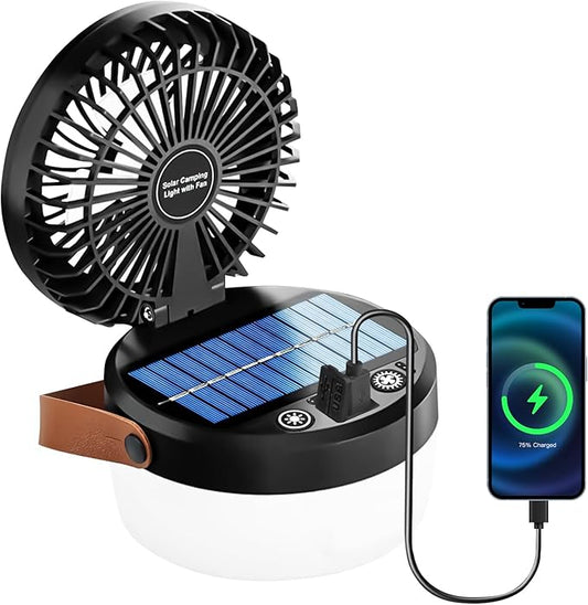 Solar Camping Fan Rechargeable Camping Light, Folding Solar Powered Fan for Outdoors, Portable utdoor Lights with USB Output for Camping Tent, Mountain, Emergency (Black)