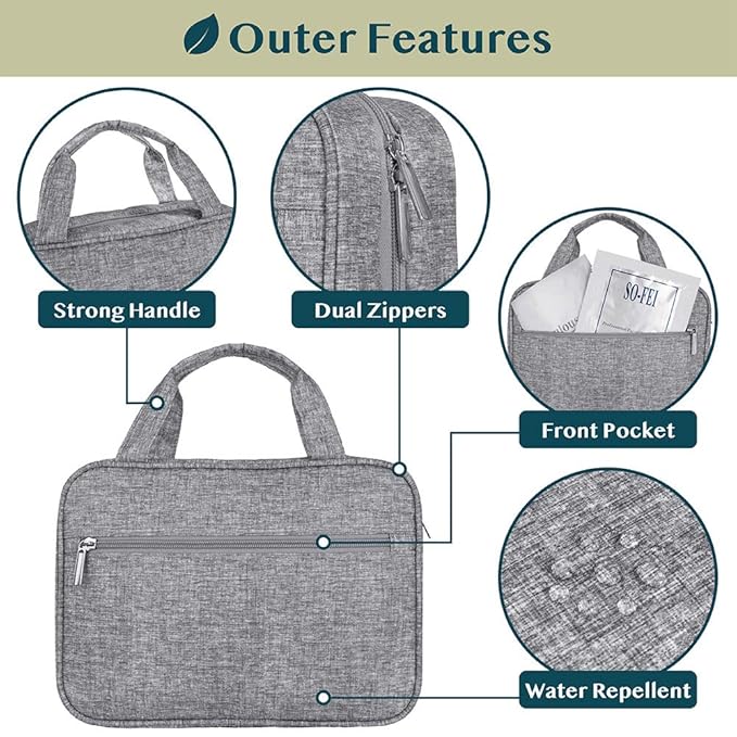 PAVILIA Hanging Toiletry Bag Travel Bag Women Men, Foldable Cosmetic Organizer, Roll up Makeup Bag, Water Resistant Accessories Toiletries, Large Travel Essentials Kit (Heather Grey)