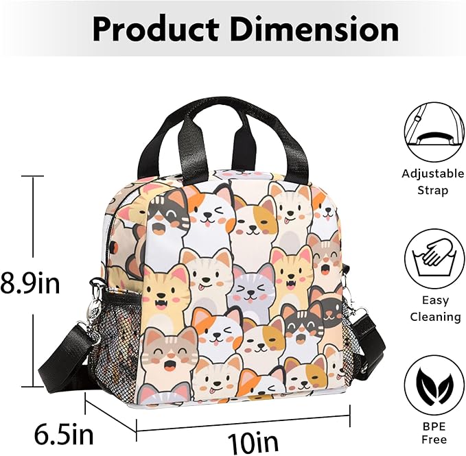 Cute Lunch Bag for Women,Insulated Cat Lunch Box for Kids Small Lunch Totebag Reusable Leakproof Lunch Bag With Shoulder Strap for Girls Boys School Work Picnic