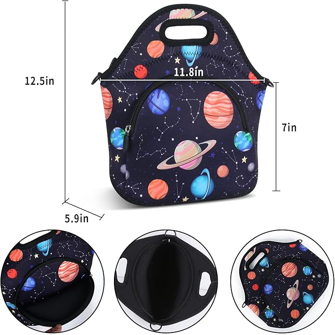 Violet Mist Womens Neoprene Lunch Bag Insulated Lunch Bag Tote Cute Large Thermal Lunchbags with Pocket Detachable Adjustable Shoulder Strap Lunchbox Food Handbags Gift Women Men Adult Space Planet