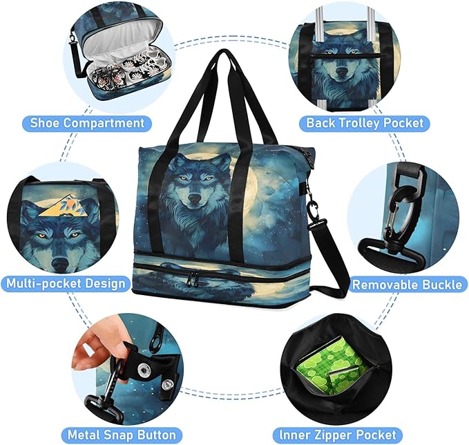 Wolf Moon Night Travel Duffel Bag Waterproof Gym Sport Tote Bag Carry On Weekender Bag with Compartment