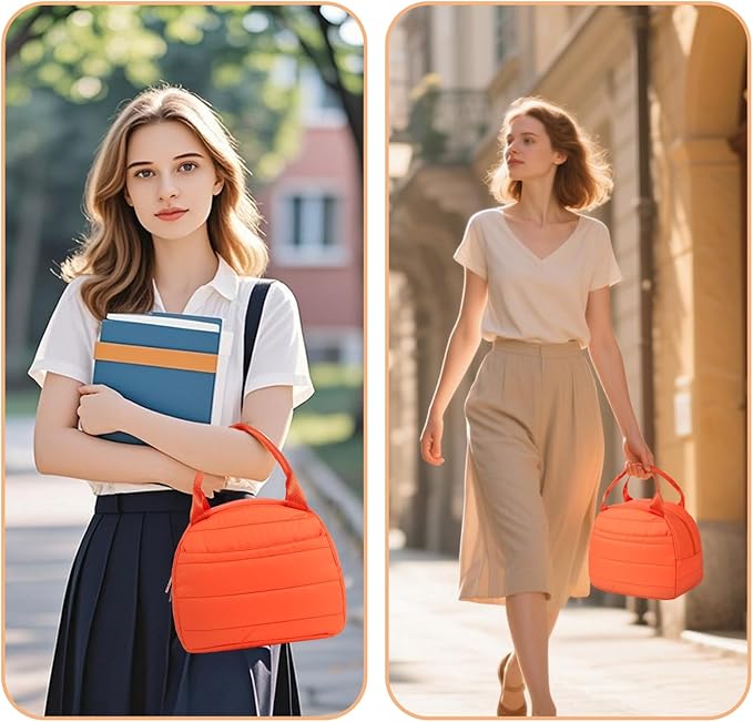Lunch Bag Lunch Box for Women Men Adult Insulated Cute Small Quilted Puffer Lunchbox Reusable Thermal Lunch Cooler Tote Bag for Work, Picnic or Travel-Orange