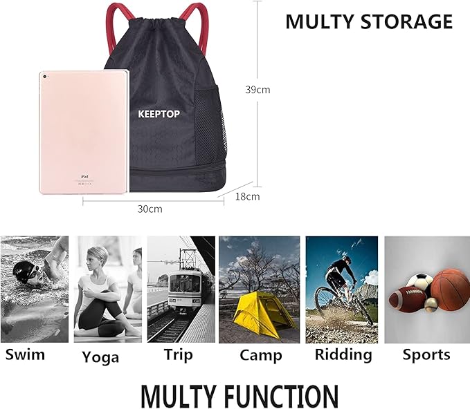 Drawstring Backpack Waterproof Training Gymsack Drawstring Strap Dry Wet Depart Daypack Swimming Yoga Sports Trvel Bags with String Bag Shoulder Rucksack (Black with Red Drawstring)