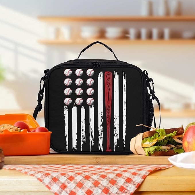 Sport Baseball Pattern Lunch Bag American Flag Baseball Lunch Boxes for Women/Man Office Work Travel School Work Picnic Durable Reusable Insulated Large Lunch Tote Bag with Adjustable Shoulder Strap