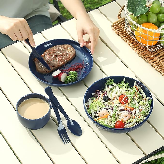 Evanda Camping Mess Kit with Bowl, Plate, Cup, Spoon, Fork, Knife and Carry Bag, Reusable Camping Accessories Essentials Gear Light Weight and Small Space Easy to Carry or Put in Backpack