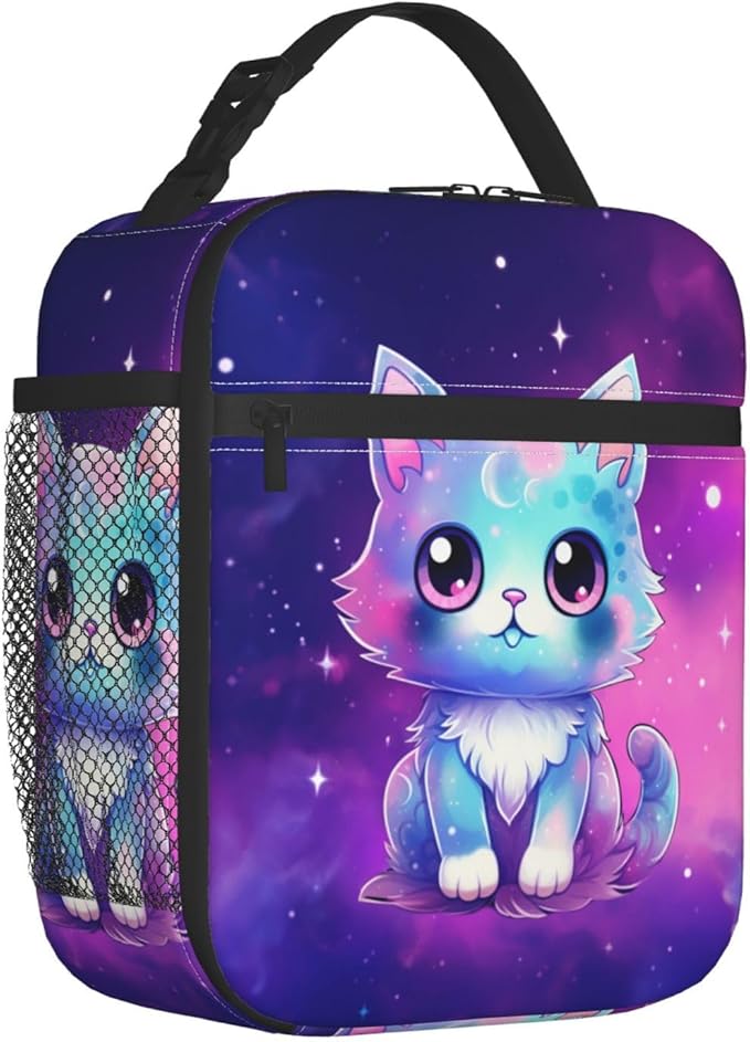Galaxy Cute Cat Printed Insulated Lunch Box Portable Purple Lunch Bag with Detachable Handle,Reusable Lunchbox for Girls Boys Adults