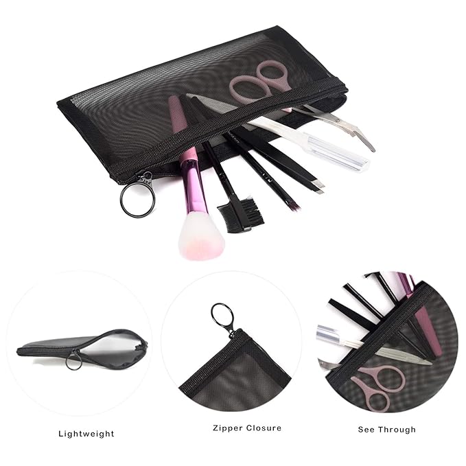 patu Zipper Mesh Bags, Long Case, 5 Pieces, Beauty Makeup Cosmetic Accessories Organizer, Travel Toiletry Kit Set Storage Pouch, Assorted Colors