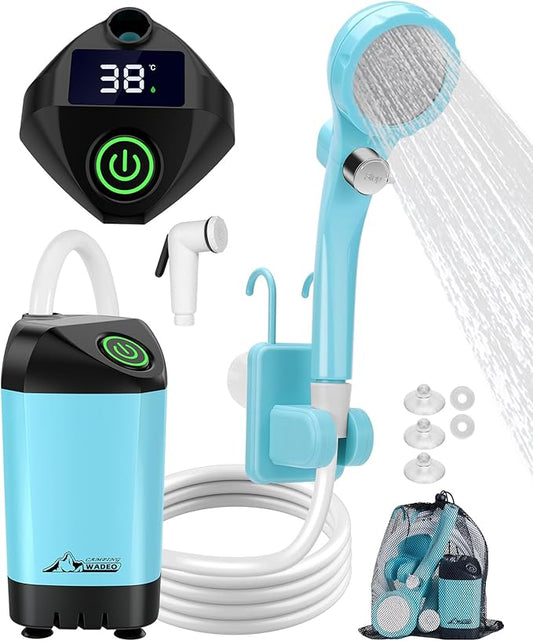 WADEO Portable Shower Camping Shower Outdoor Camp Shower Pump, Electric Rechargeable Portable Camping Shower, Powered by Rechargeable Battery for Camping, Hiking, Traveling