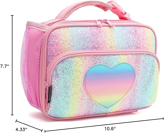 FlowFly Kids Lunch box Insulated Soft Bag Mini Cooler Back to School Thermal Meal Tote Kit for Girls, Boys,Glitter-RainBow