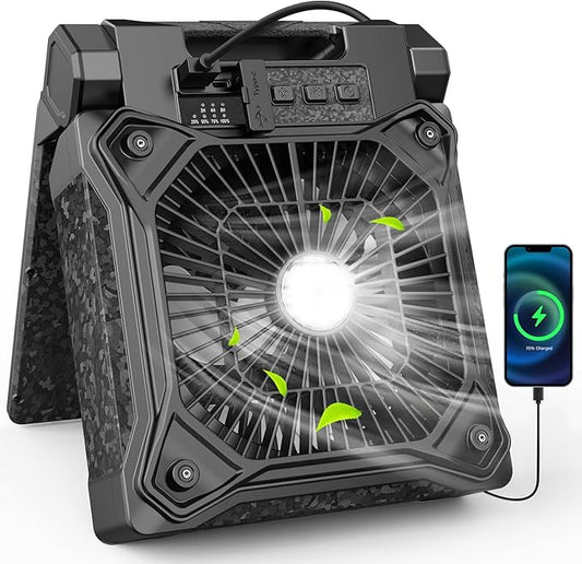 Solar Camping Fan with LED Lantern, 20000mAh Rechargeable Battery Powered with 10W Solar Panel, Quiet Battery Operated Tent Fan for Picnic, Barbecue, Fishing, Travel