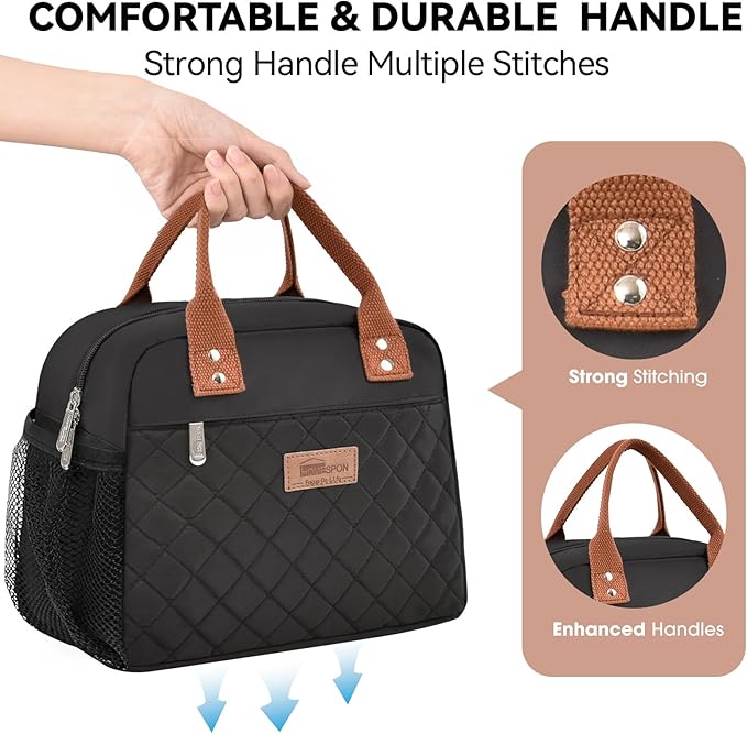 HOMESPON Insulated Lunch Bag for Women Men Adults Lunch Tote with Front Pocket Lunch Box Container Cooler Bag for Work Picnic (Black with Side Pockets)