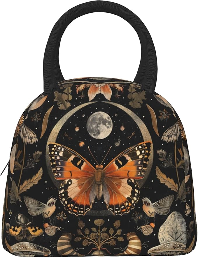 Orange Butterfly Moon Lunch Bag Lunch Box for Women Men Boys Girls, Reusable Insulated Lunch Tote Bag, Leakproof Thermal Cooler Sack Food Handbags High Capacity for Work School Picnic Camping Gifts