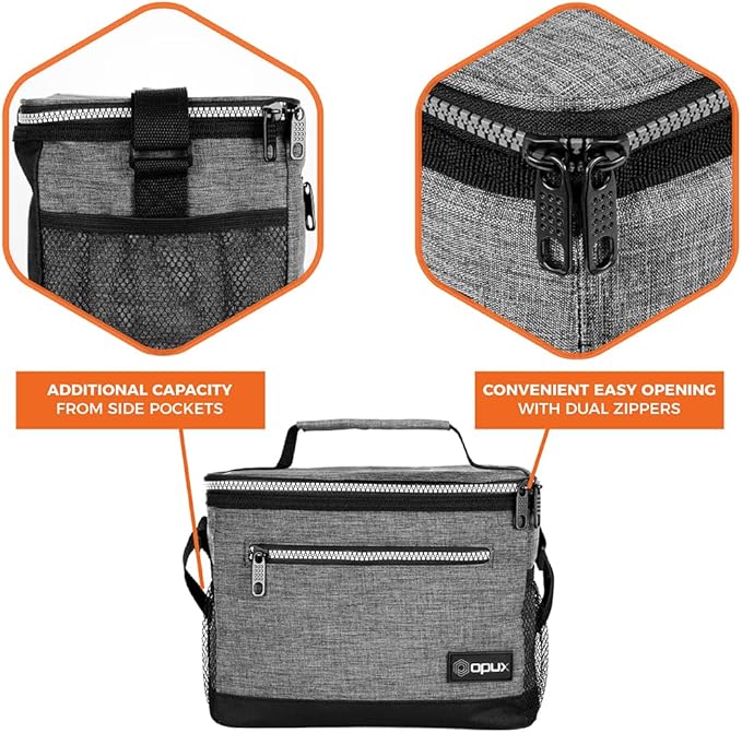 opux Insulated Lunch Box Men Women, Lunch Bag for Work School, Leakproof Soft Cooler Tote Adult, Large Lunch Pail Kids Boys Girls, Picnic Beach Food Bag with Shoulder Strap, Heather Grey